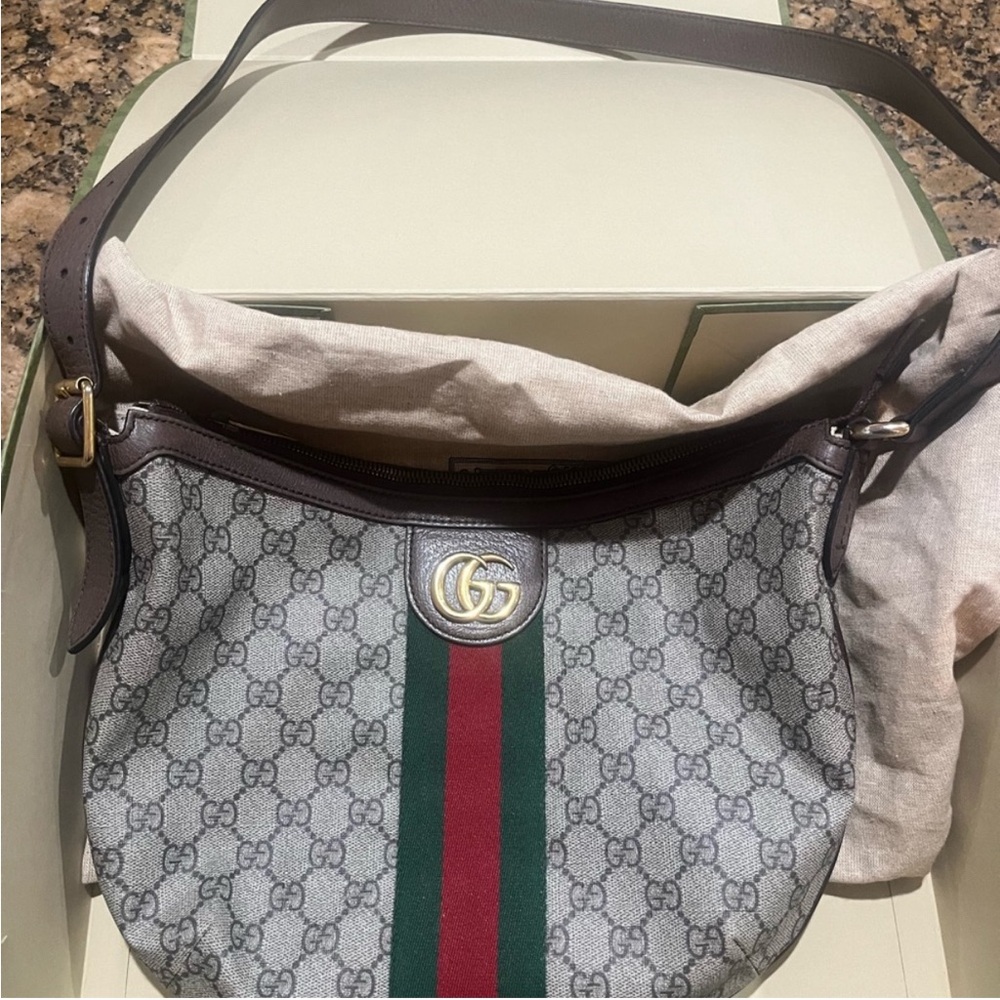 Gucci Brown Monogram Shoulder Bag with Red and Green Stripe